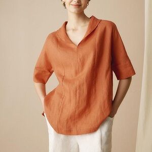 Lintico XL Linen Top V-neck Collar Short Sleeves Sun Orange Sierra Shirt Blouse